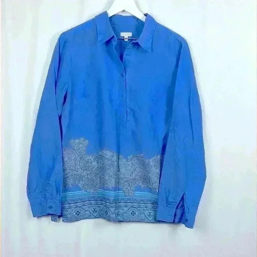 Talbots Womens Tunic Blue M 3/4 Button Front Long Sleeves Paisley Border Classy